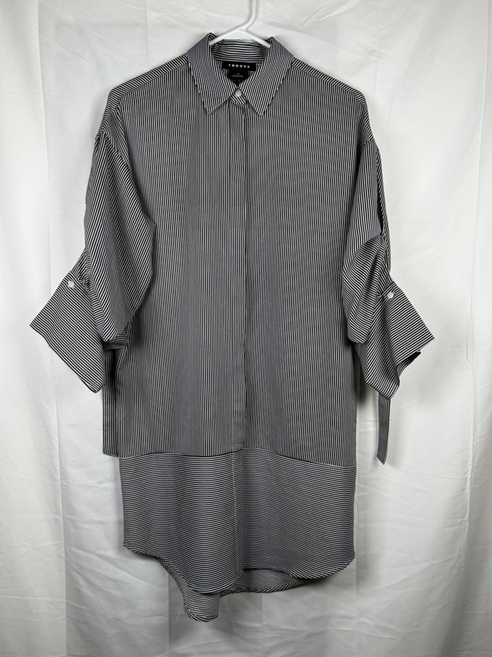 Trouve Oversized Shirt Dress XS Black White Striped Tie Sleeve